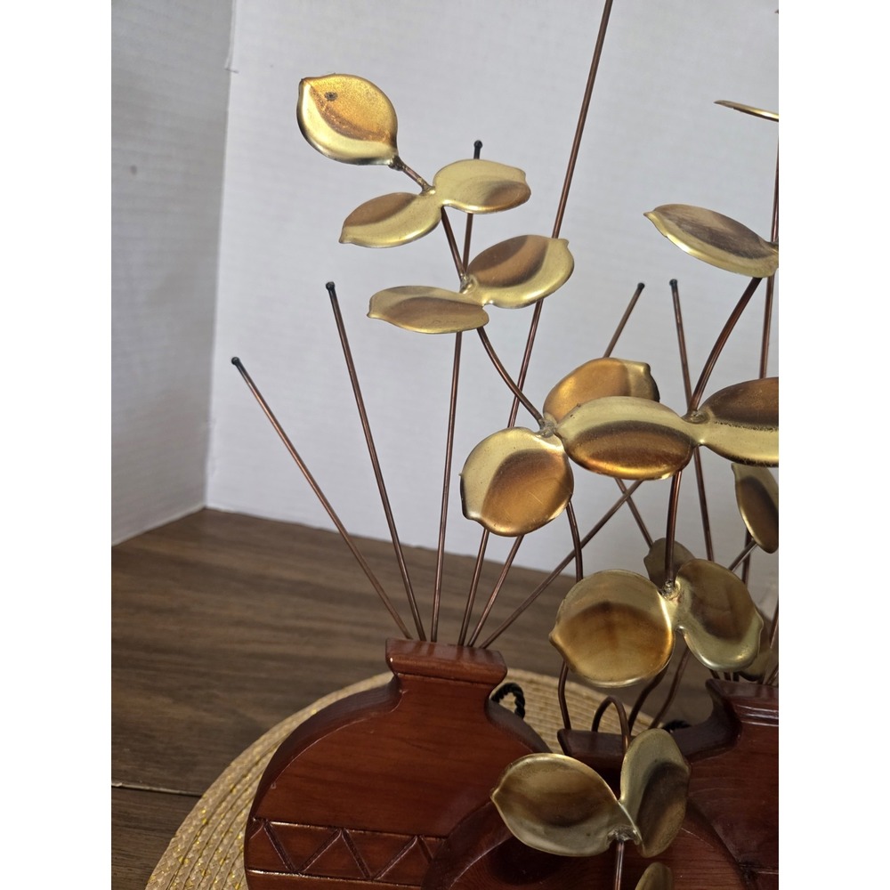 Vintage HOMCO Retro Brass Eucalyptus Leaves Sculpture Hopi Wood Planter - Picture 4 of 9
